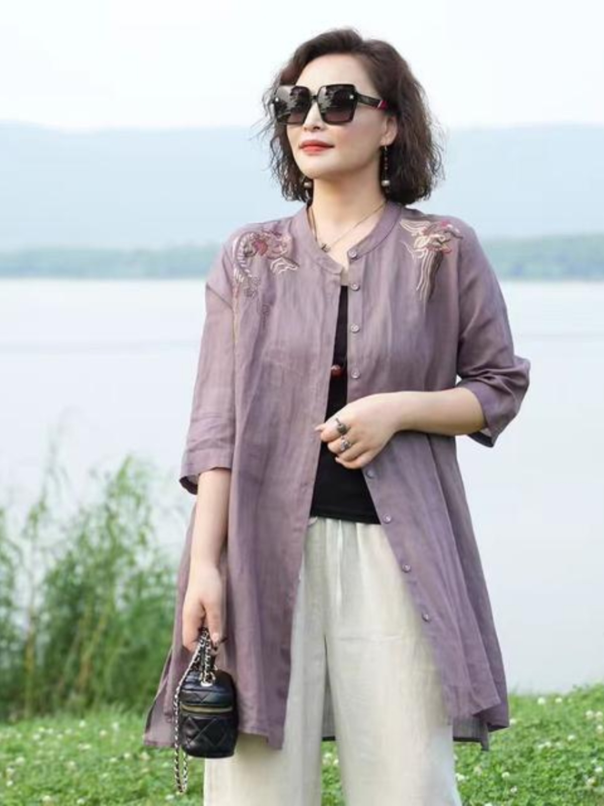 Embroidery Cardigan - Camisa retro bordada de mezcla de