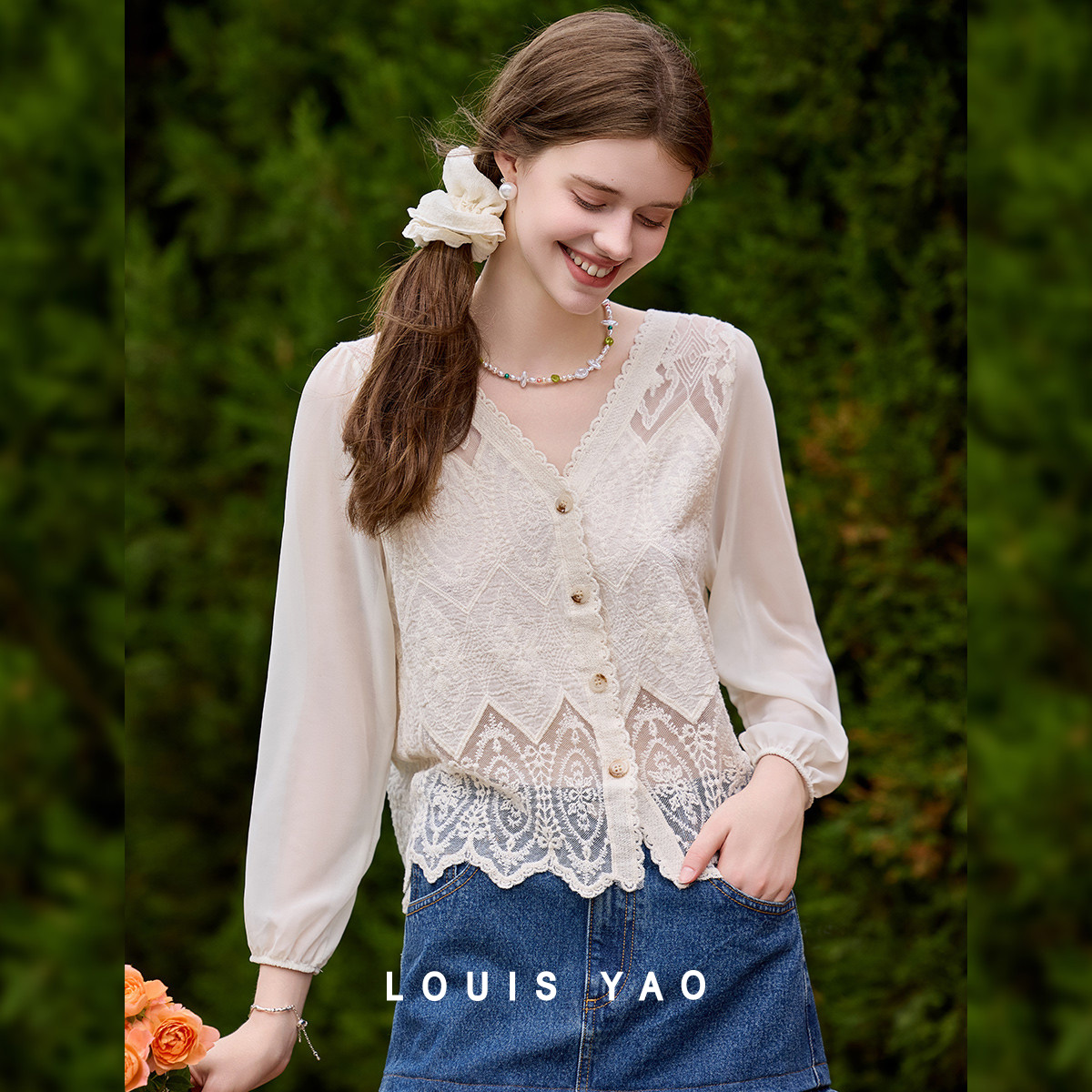 Embroidery Cardigan - LOUIS YAO-cárdigan de encaje dulce con