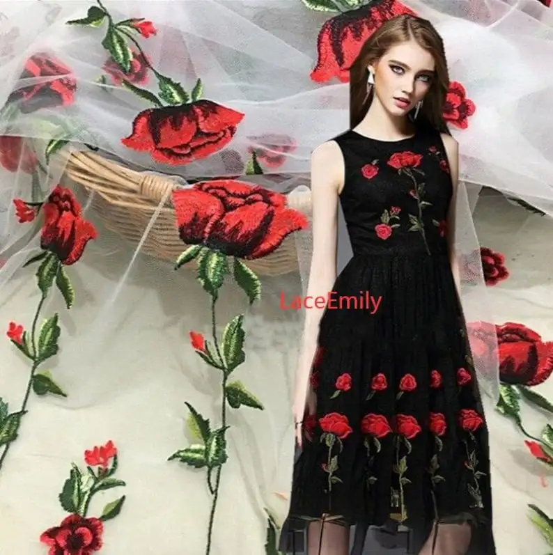 Embroidery Roses - Tela de encaje de rosa roja,